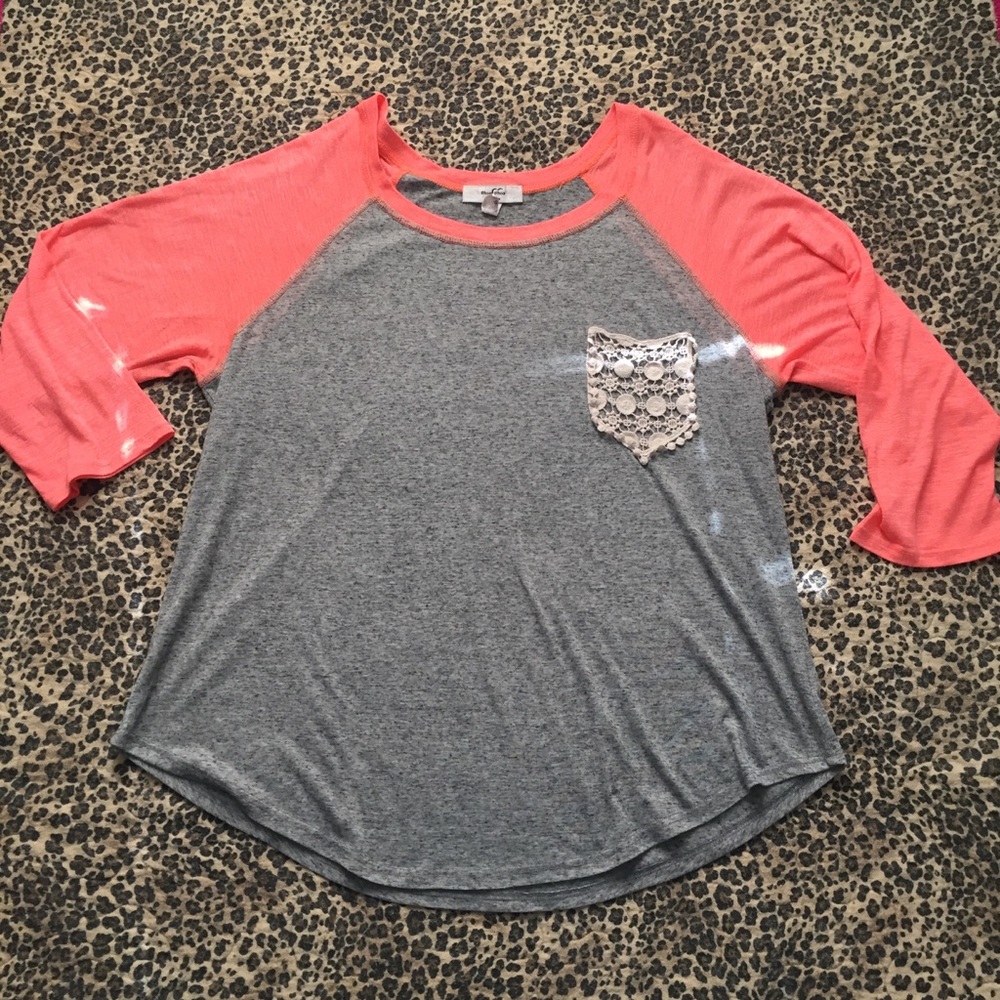 Coral/Grey “baseball tee” Top with lace pocket.
